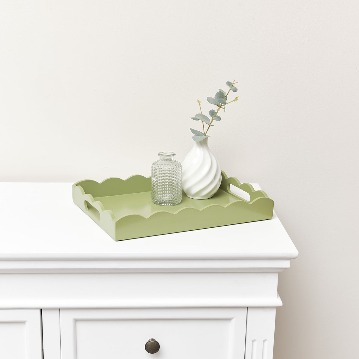 Rectangle Olive Green Scalloped Tray Wood