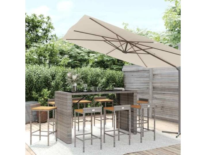 RJPLMFV Bar-Set für den Garten, 9-teilig, Grau, Rattan, Poly, Massivholz, Akazienholz