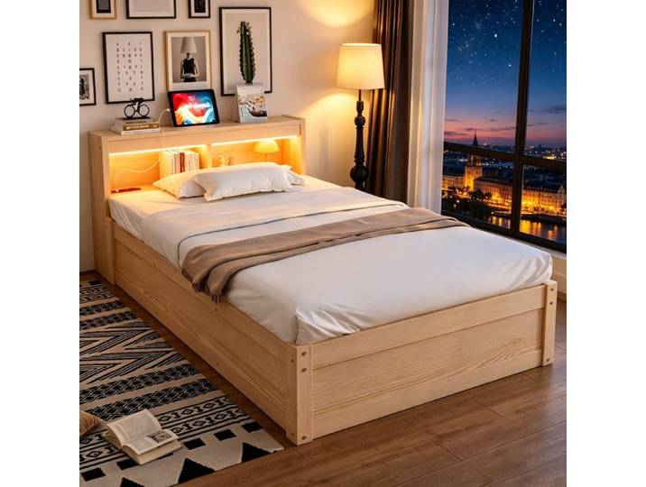 Canapé lit 90x200CM Lit Coffre 90x200CM avec LED et Ports USB Lit Hydraulique avec Compartiment de Rangement Lit Enfant Nature