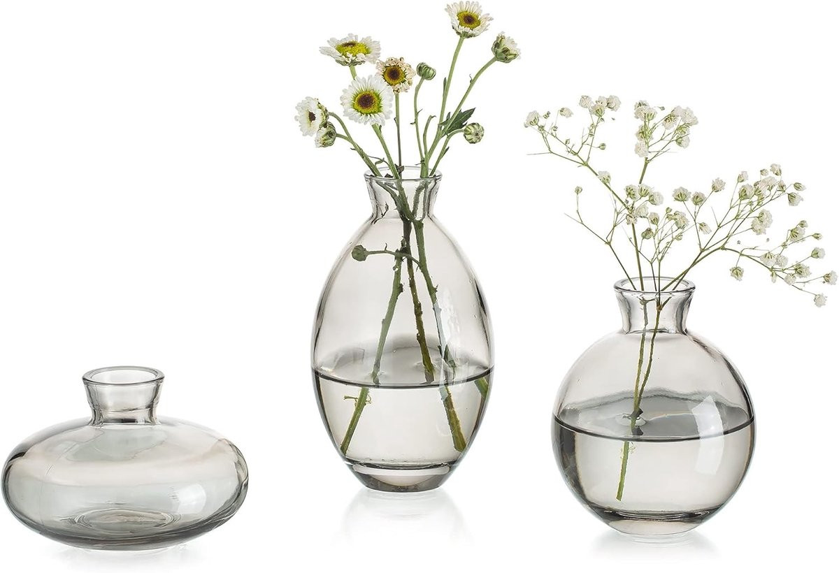 SnelShoppen Set van 3 handgemaakte grijze vintage knopvazen voor tafelversiering