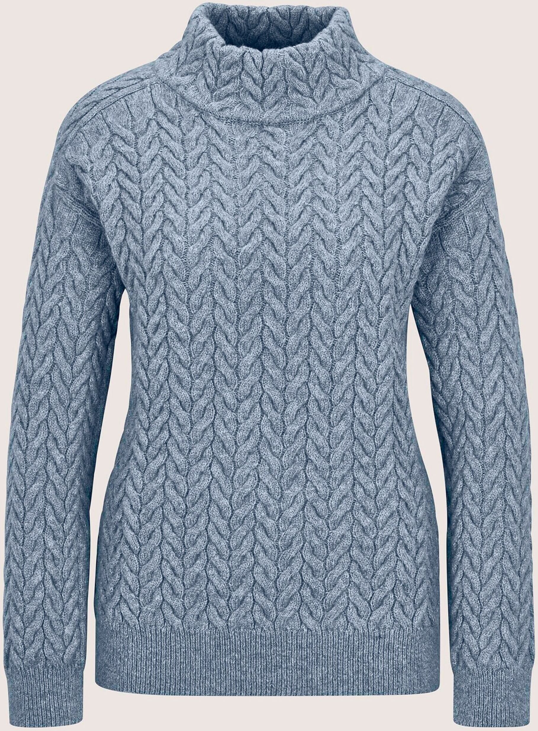 Longpullover MADELEINE "Strickpullover Eleganter Baumwollpullover mit Zopfmuster", Damen, Gr. 36/38, blau (rauchblau, melange), Modern, hoch geschlossener Ausschnitt, Pullover Longpullover, Allover Zöpfe