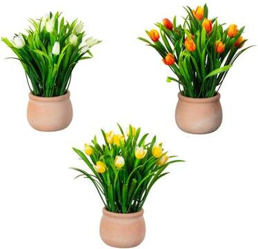 Nearly Natural 10-in Artificial Tulip Plant in Ceramic Planter - Set of 3