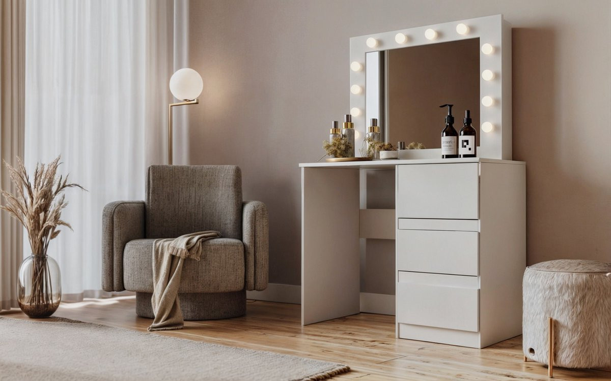 Meubel Square Kaptafel Zolda Wit - Moderne Cosmeticatafel met Spiegel, 12 LED-lampen en 3 Lades