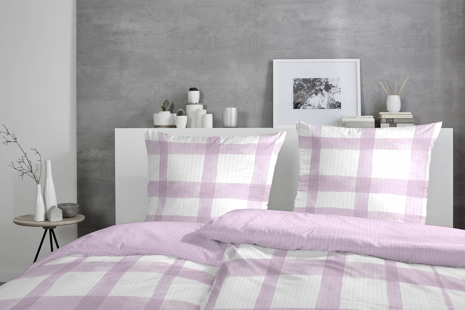 home24 Soft Seersucker Beddengoed Ruit Wit/Violet met dekbedovertrek en kussensloop B/D: 155 x 220 cm en 80 x 80 cm