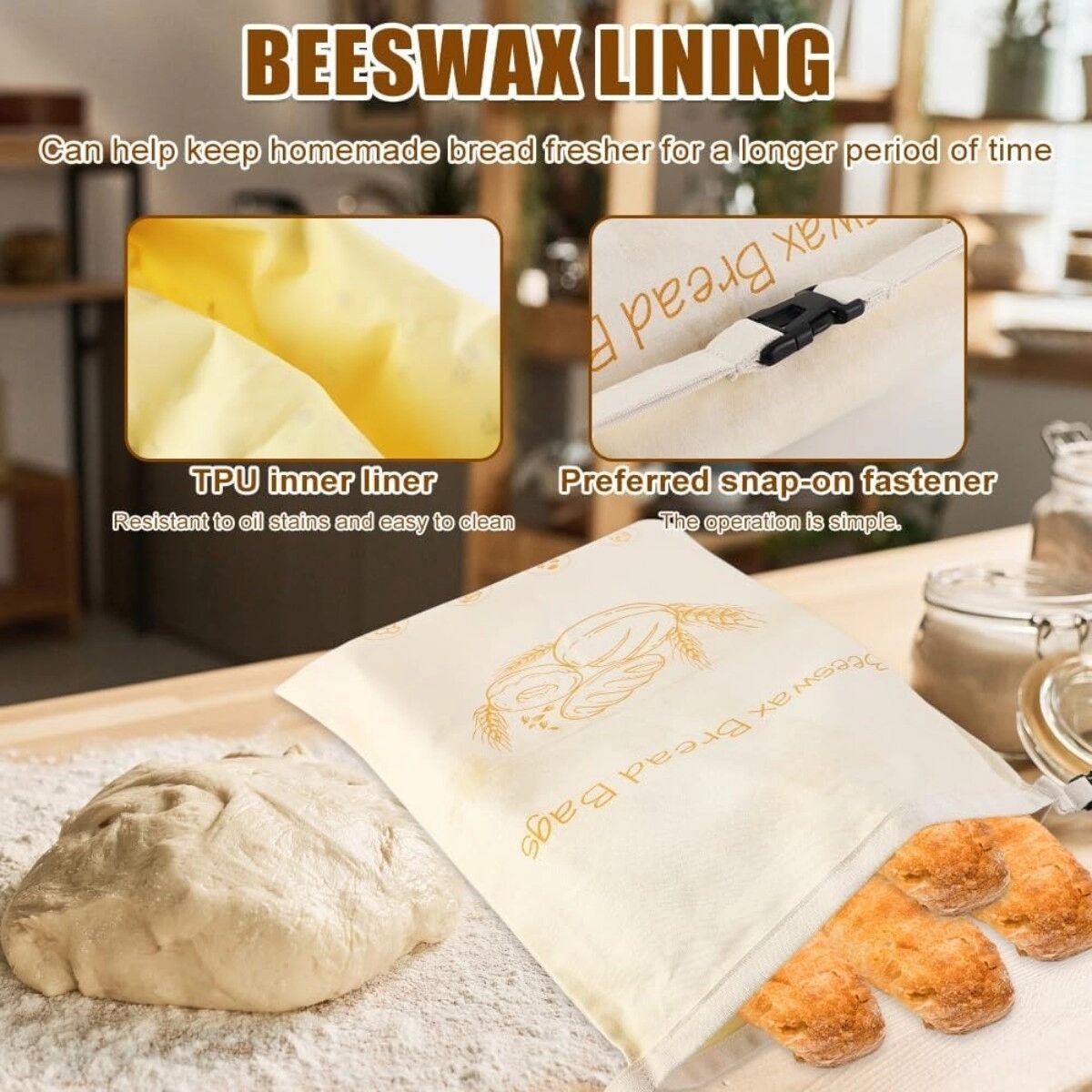 INF Wiederverwendbarer Bienenwachs-Baumwollbeutel mit Reißverschluss, 43cm x 33cm, für Brot, Obst und Snacks