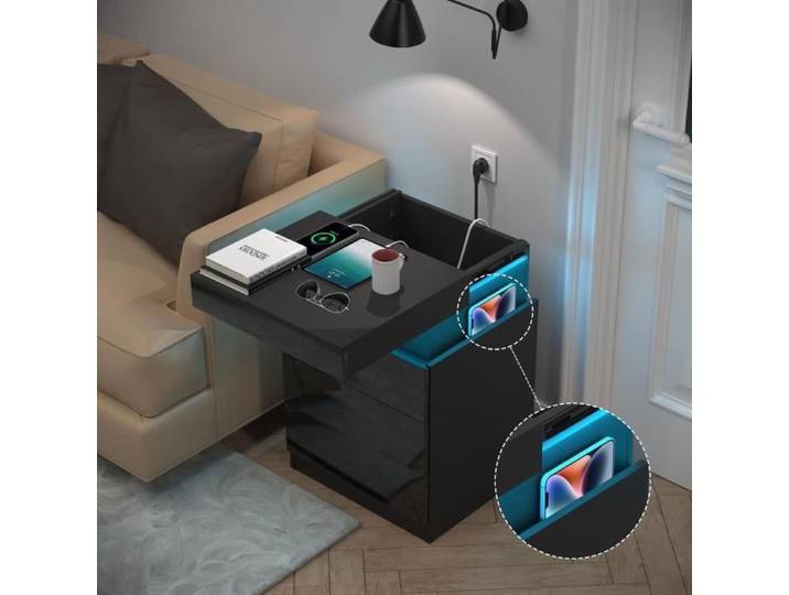 Table de Chevet - LDSZXNE - 3 Tiroirs - LED - Noir