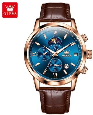 Inspired Finds OLEVS 9812 Luxury Chronograph Watch Moonphase Men's Quartz Watch Waterproof Multifunction Wristwatch rose Blue