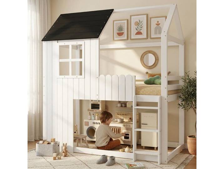 Lit mezzanine en pin et MDF blanc et noir avec fenêtres 90x200