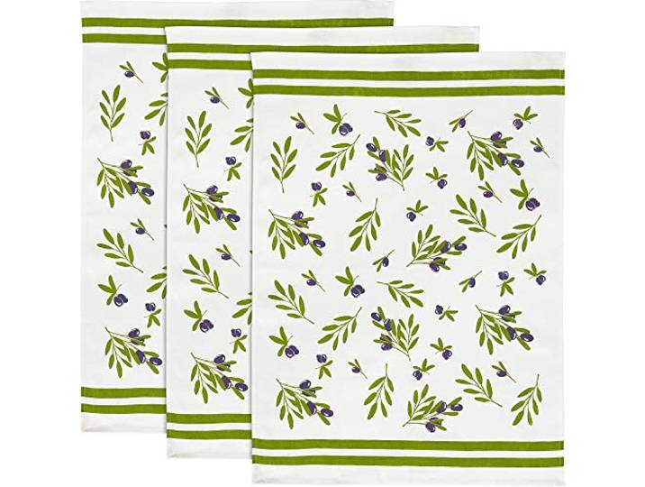 Erwin Müller Geschirrtuch, Küchentuch, Trockentuch im 3er-Pack mit Druckmotiv Oliven Größe 50x70 cm - strapazierfähig, saugstark, 100% Baumwolle