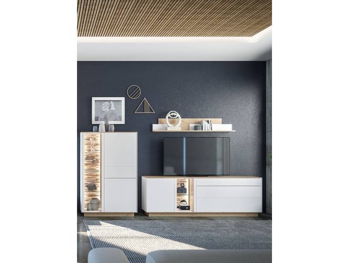 TV-Lowboard Front & Korpus: Spanplatte, beschichtet Absetzung: Massivholz Teak, naturbelassen Weiß/Weiß 207cm