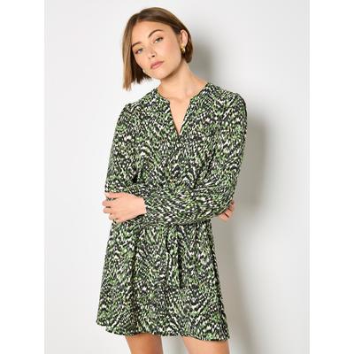 Minikleid APRICOT "Mini-Kleid mit Tier-Ikat-Print", Damen, Gr. M (38), N-Gr, grün, gewebt, Obermaterial: 90% Viskose LENZING ECOVERO CV LenzEcov. 10% Nylon NY., V-Ausschnitt, Knopf, Kleider Minikleid, mit Kordelzug