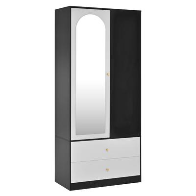 MODFU Kleiderschrank Spanplatte Weiß-Schwarz mit Spiegeltür, 80 x 40 x 180 cm
