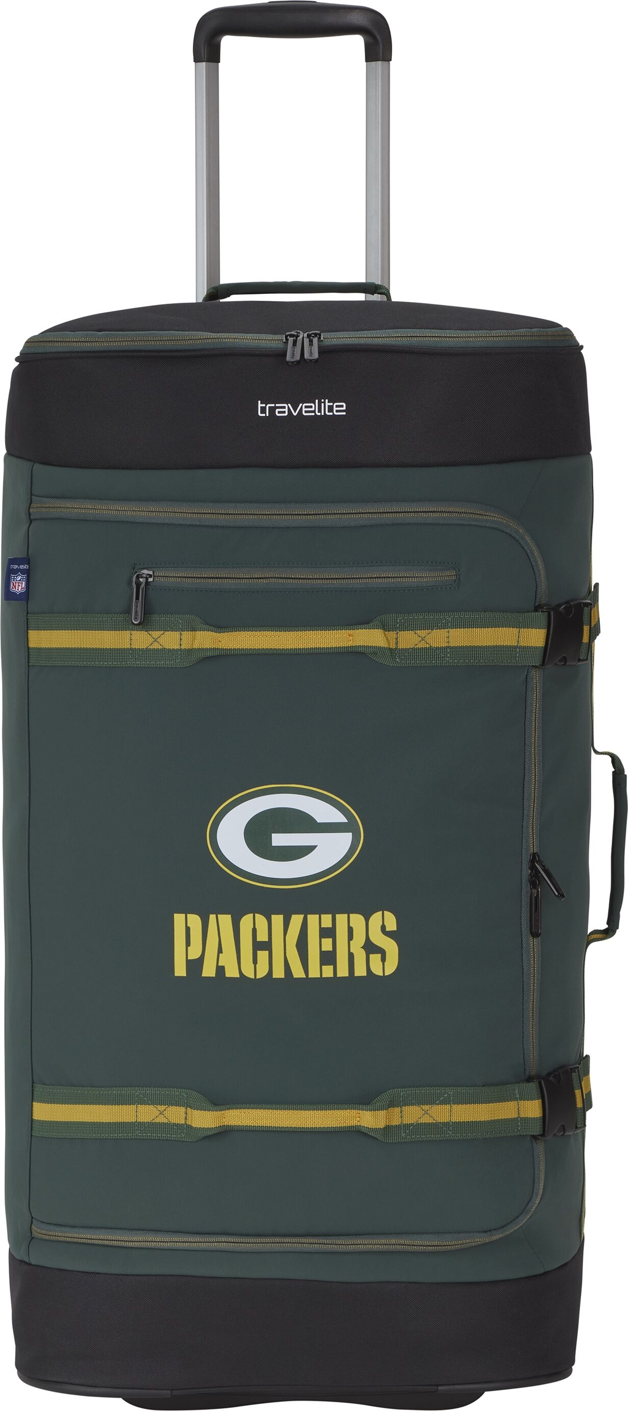 Reisetasche TRAVELITE "travelite x NFL Rollenreisetasche", Gr. B/H/T: 79cm x 36cm x 39cm, grün (grün bay packers), Textil, Taschen Reisetasche, Unisex Travelgab, große Öffnung, Schuhfach und Teleskopgestänge