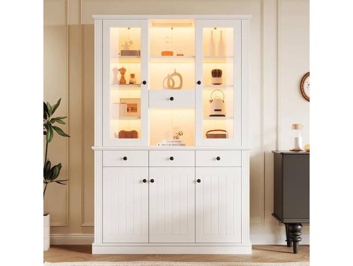Vitrine Salon avec Éclairage LED Bibliothèque Meuble de Rangement avec 4 Tiroirs 5 Portes Vitrine pour Collection 119.5x40x180cm