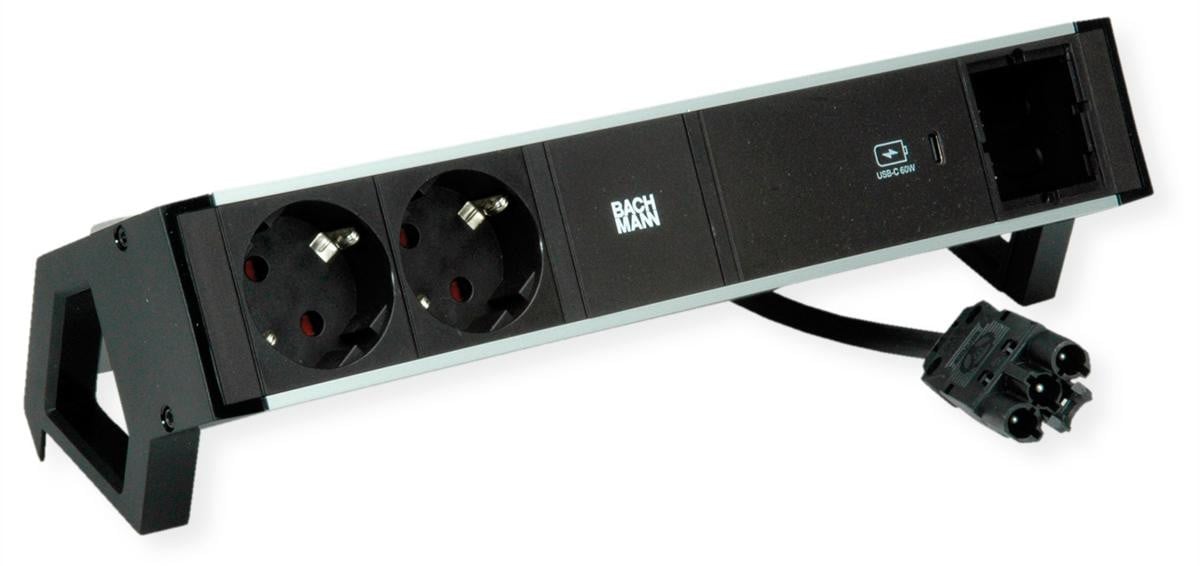 Bachmann DESK2 ALU zwart bureau-unit met 2x beschermkapjes, USB-C en 60W USB-lader