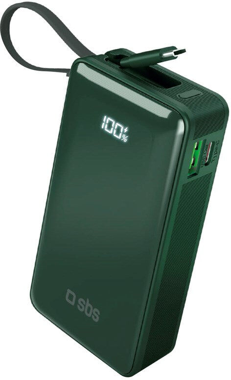 20W LCD PowerBank m. 1x USB-A & 1x USB-C - SBS - 10.000 mAh - Indbygget USB-C Kabel - Grøn