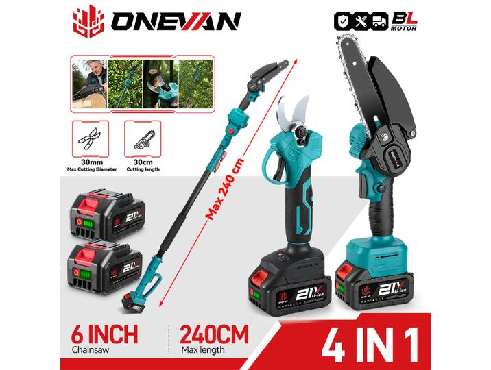 Tronçonneuse électrique télescopique sans balais ONEVAN 4 en 1, 3500W, cisailles pour branches hautes, outil de taille, compatible avec les batteries Makita 18V.