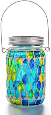 Inspired Finds Solar Mosaic Hanging Lantern Waterproof Glass LED Garden Light blue