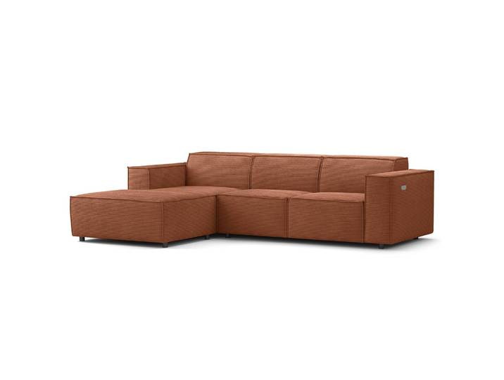 Ecksofa mit Longchair Braun/Braun Cordstoff Scilla 260cm Longchair davorstehend links Sitztiefenverstellung Modern