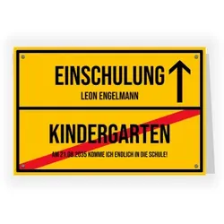 Einladungskarte Einschulung: Ortsschild mit Fotos in Gelb