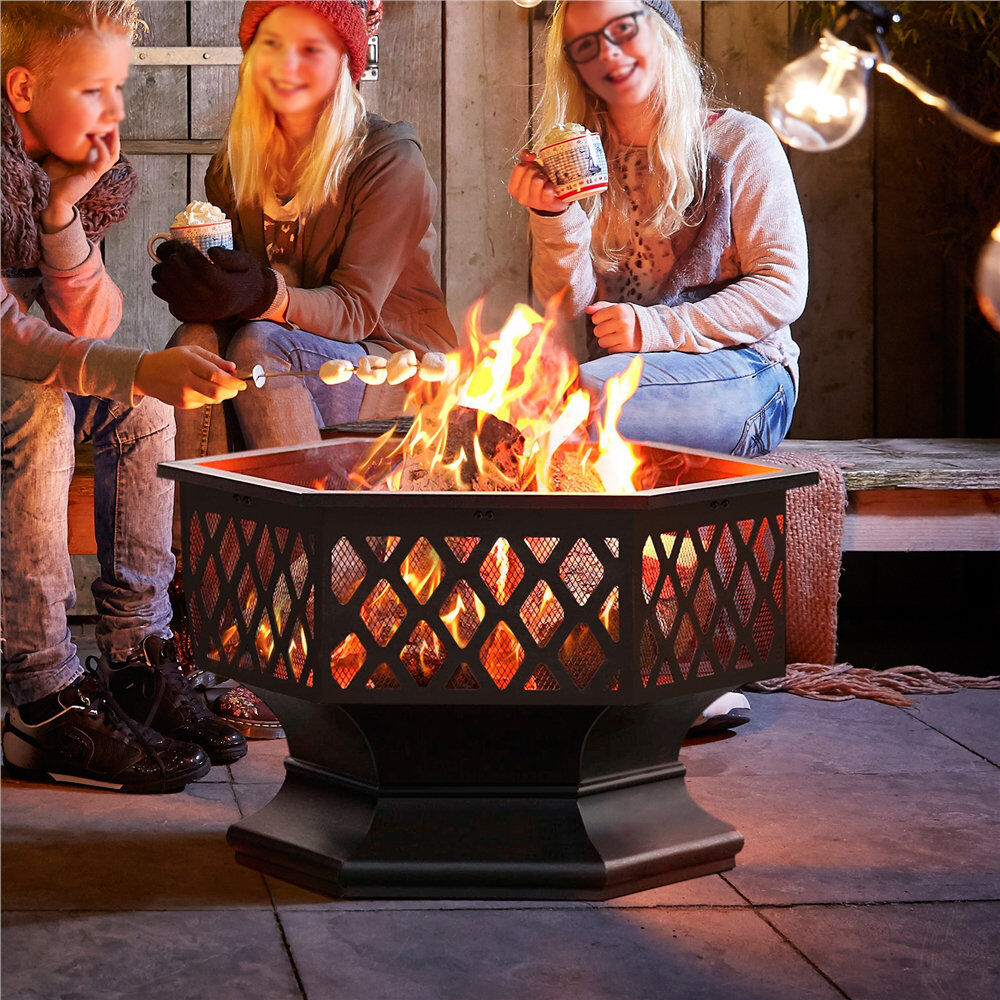 Yaheetech Hexagon Iron Wood Burning Fire Pit Black 66 cm L x 66 cm W x 60.5 cm H