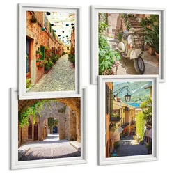 BILDER SET 4er Set - 50x50 cm & 40x60 cm Weißer Rahmen - Charmante Straßen und Pizza