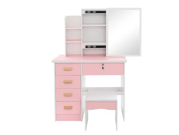 Schminktisch, Rosa, 128 cm, 5 Schubladen, Hocker, Spiegel, Aufbewahrung MDF/Holz, 128 x 80 x 35 cm, 5 Schubladen + 3 Regale, HD-Spiegel, Schaumstoffhocker, 100 kg, abschließbar, Rosa/Weiß, Modern