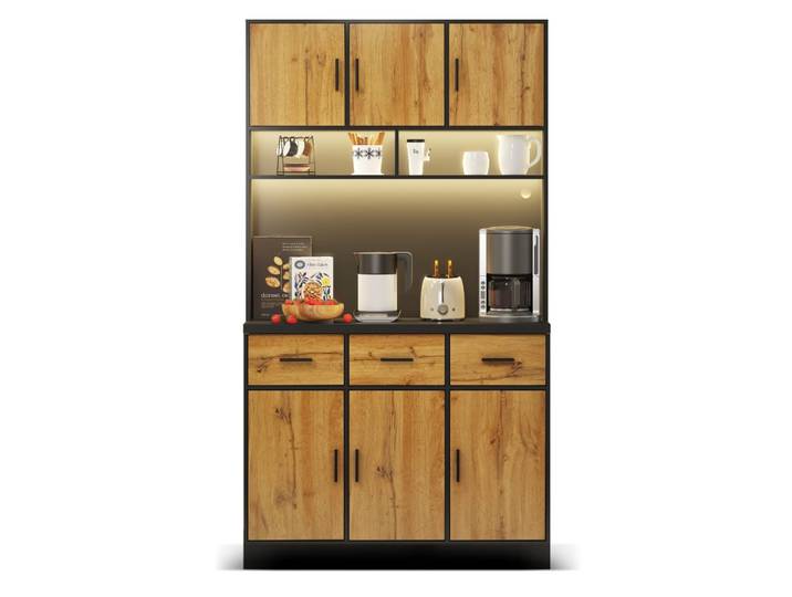 Buffet de cuisine haut.180cm, avec 3 tiroirs et prises, noir/naturel