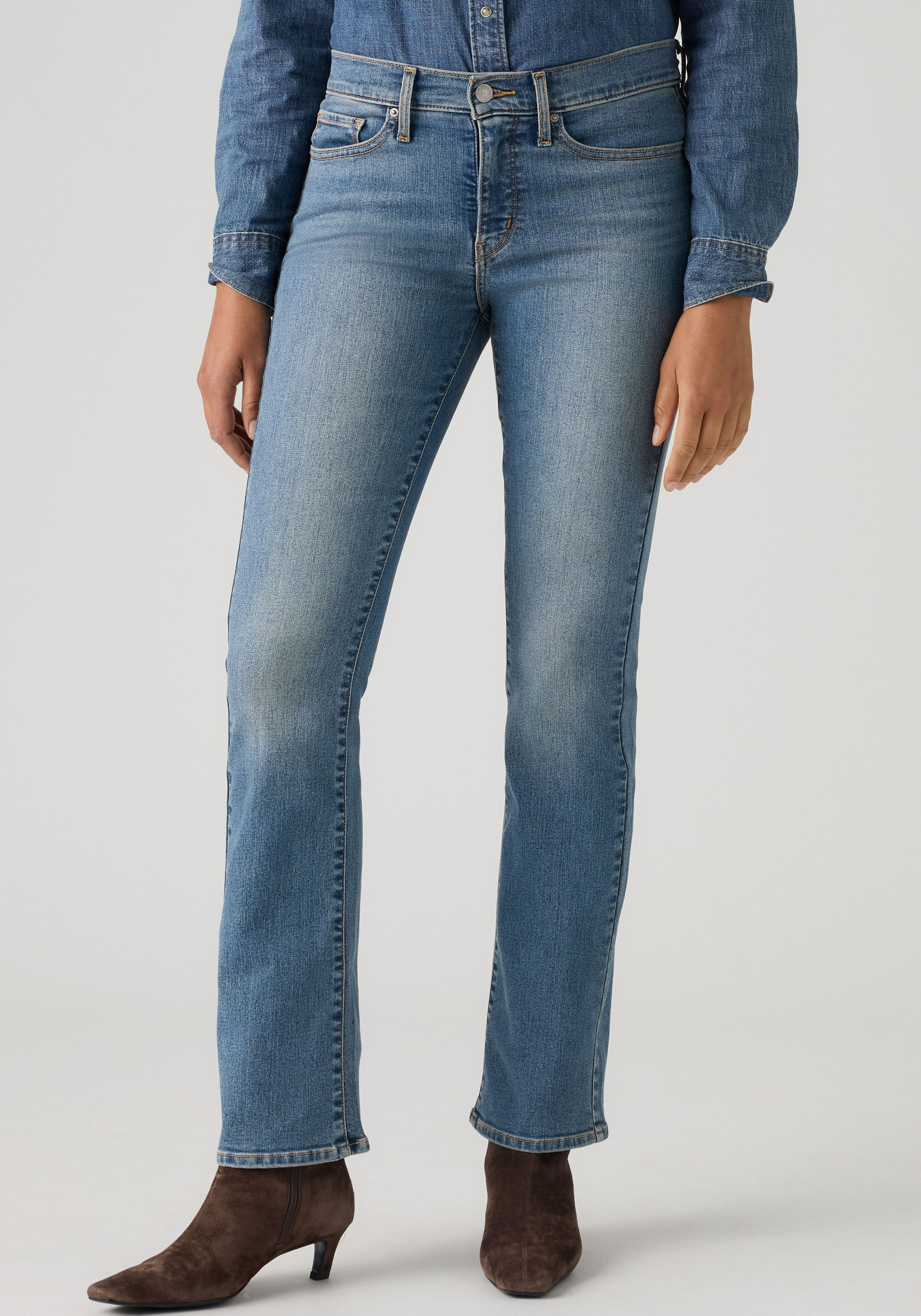 Bootcut-Jeans LEVI'S "315 Shaping Boot", Damen, Gr. 28, Länge 32, camp denim, Denim/Jeans, Obermaterial: 80% Baumwolle, 19% Polyester, 1% Elasthan, lang, Jeans Bootcut-Jeans camp denim 28, Länge 32