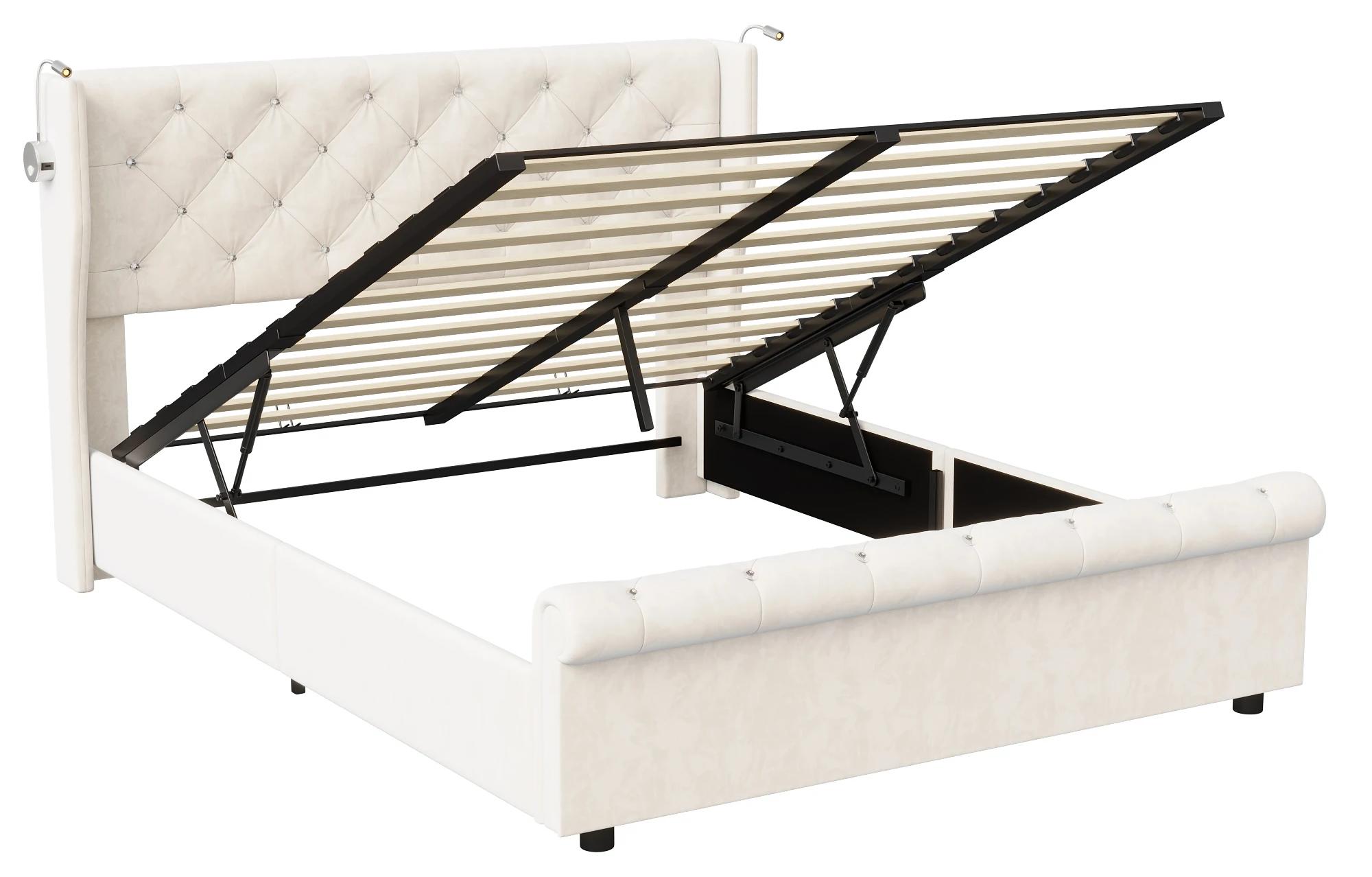 Polsterbett - Doppelbett 140 x 190 cm - Stauraumbett - Hydraulischer Stauraum - Lattenrost - Samtbezug - Beige