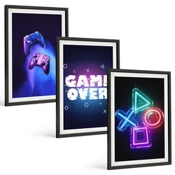 BILDER SET 3er Set - 40x60 cm Schwarzer Rahmen - Game Over Gamepads