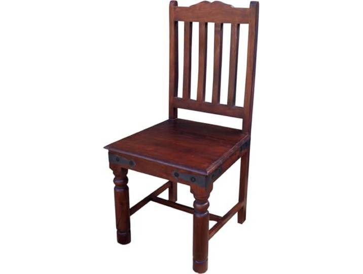 Massiver Kolonialstuhl aus Akazienholz mit Eisenbeschlägen, Modell 4 Handgefertigt, warmes Design, vielseitig einsetzbar, ideal für Esstisch oder Couchtisch.