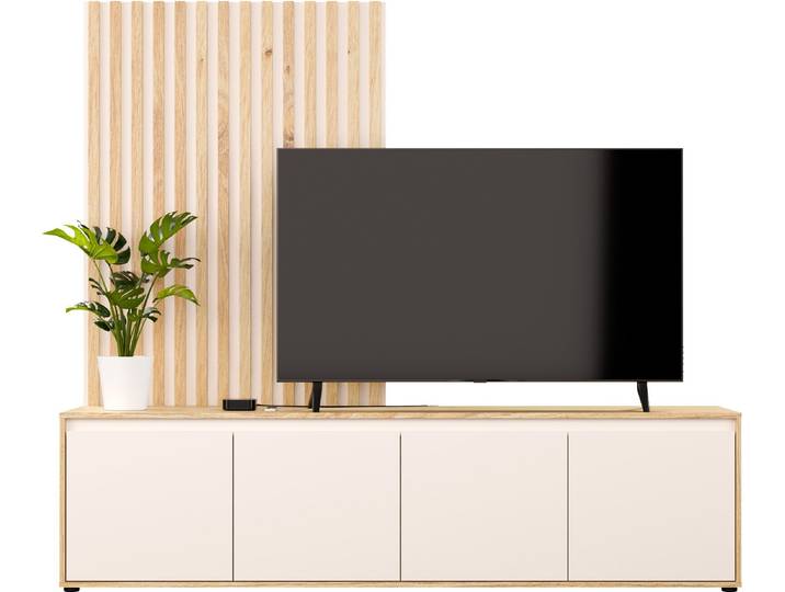 Meuble TV paroi - SKELPE - Sable / Chêne - 4 portes - 188 3 x 42 x 169 7 cm
