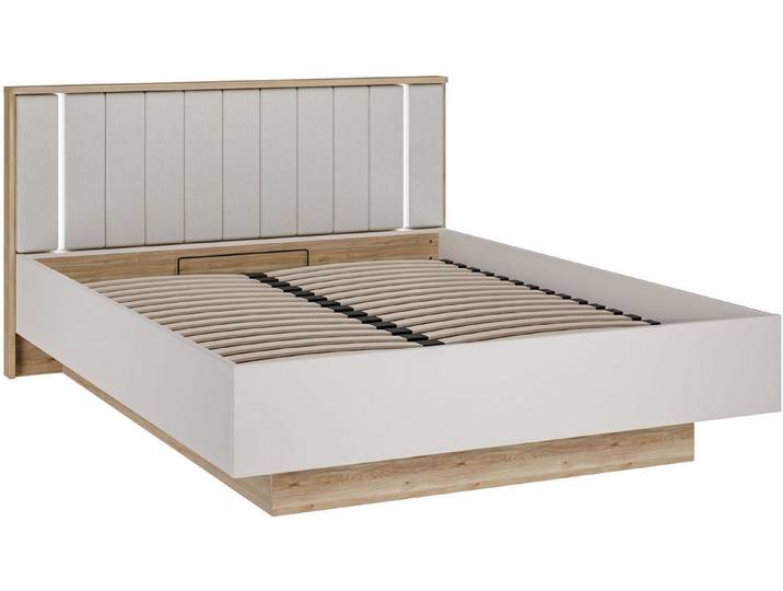 FORTE Bettgestell Forte Seravel Bettanlage 140 o.160, Lamellenoptik, warme Holznuancen, inklusive Beleuchtung, aufklappbarer Lattenrost, Stauraum