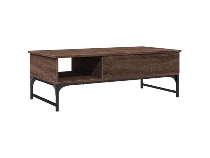 Couchtisch Braun Eiche 100x50x35cm Versteckte Aufbewahrungsbox unter der Tischplatte, Metallrahmen, 4 verstellbare Füße, Getränkeplatte und Dekorationen