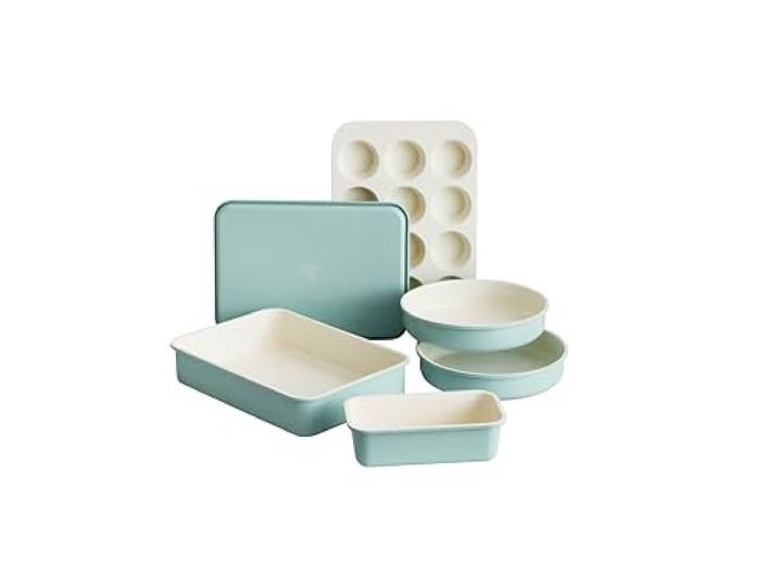GreenLife 6-teiliges Antihaft-Backformen-Set, ungiftig, PFAS-freie Keramik, Ofenpfannen, spülmaschinen- und ofenfest bis 230 °C, leicht zu lösen, Backblech, Kastenform, rechteckiger und runder Kuchen