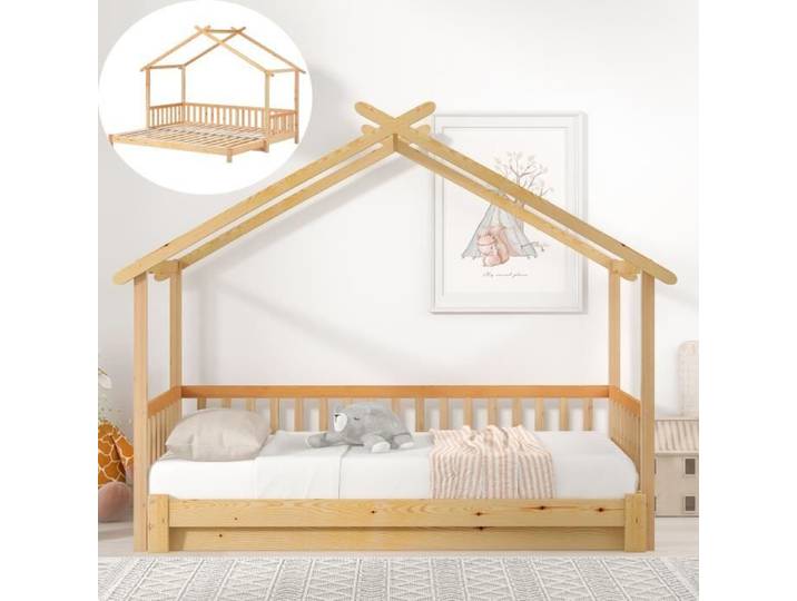 Lit cabane enfant 90x200cm - extensible - Certifié EN747 - Lit simple et double - Bois massif - Couleur naturel
