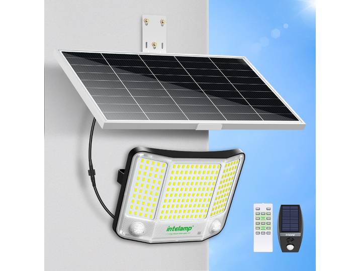 Intelamp 20000mAh, projecteur solaire de sécurité extérieur à longue autonomie avec un très grand panneau solaire pour cour, garage, jardin, patio.