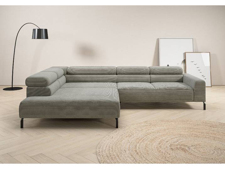 Ecksofa, Cord, Grau (Stone) 312×219 cm, Elektrische Sitztiefenverstellung, Modern, Places of Style