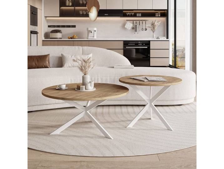 Lot de 2 Tables Basses Gigognes LIBERO - 75/58 cm - Structure en Métal - Moderne Table Basse Ronde - Blanc / Chêne doré