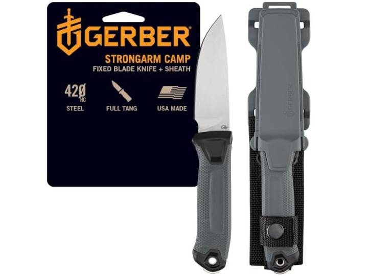 Gerber StrongArm Camp Outdoormesser, Grau Feststehendes Bushcraft-Messer mit 420HC-Edelstahlklinge, Full-Tang, MOLLE-Scheide, Made in USA, 1069218