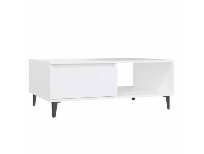 Favemtsl Couchtisch Weiß 90x60x35 cm Holzwerkstoff Metallbeine Moderner Beistelltisch fürs Wohnzimmer aus Holzwerkstoff mit robuster Ablagefläche und stabilen Metallbeinen in Weiß.