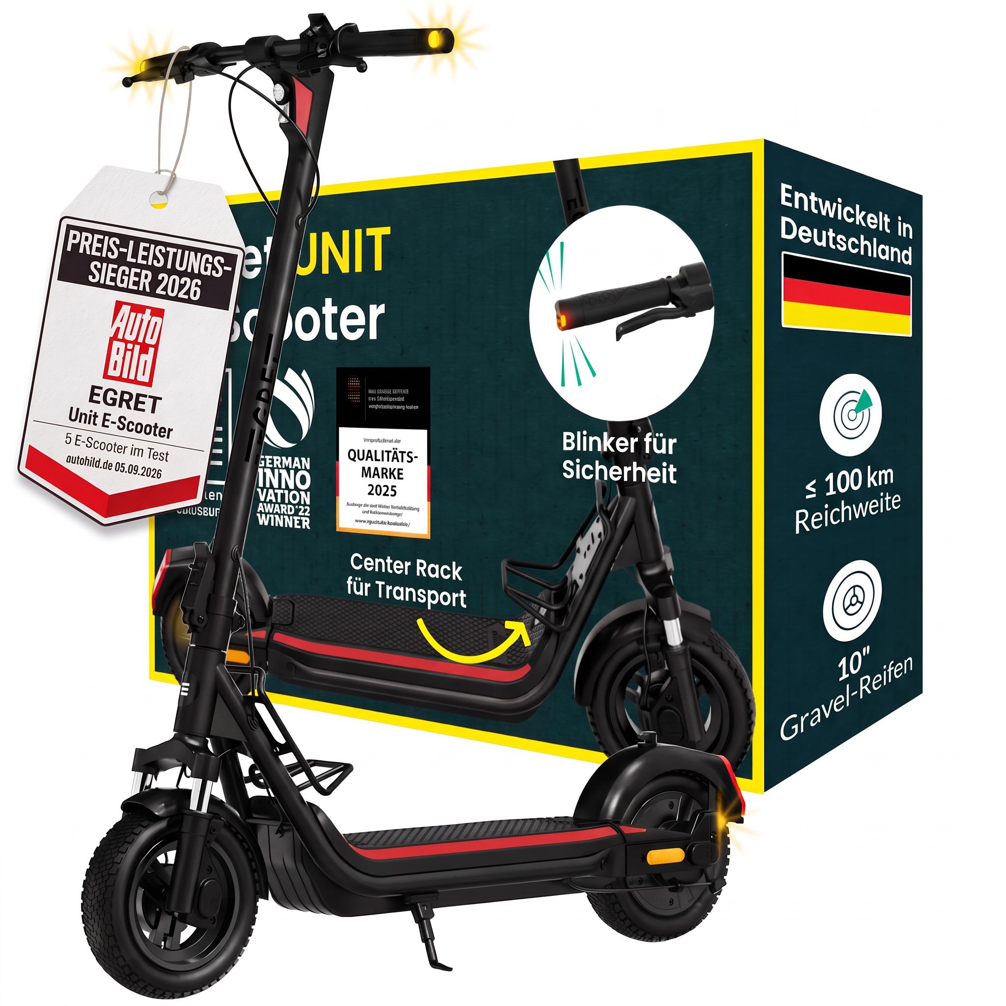 E-Scooter mit Straßenzulassung (ABE) 1890W, 100 km, 2x Federung & Gepäckträger, 130 kg Traglast, 10" Luftreifen, App - Egret Unit