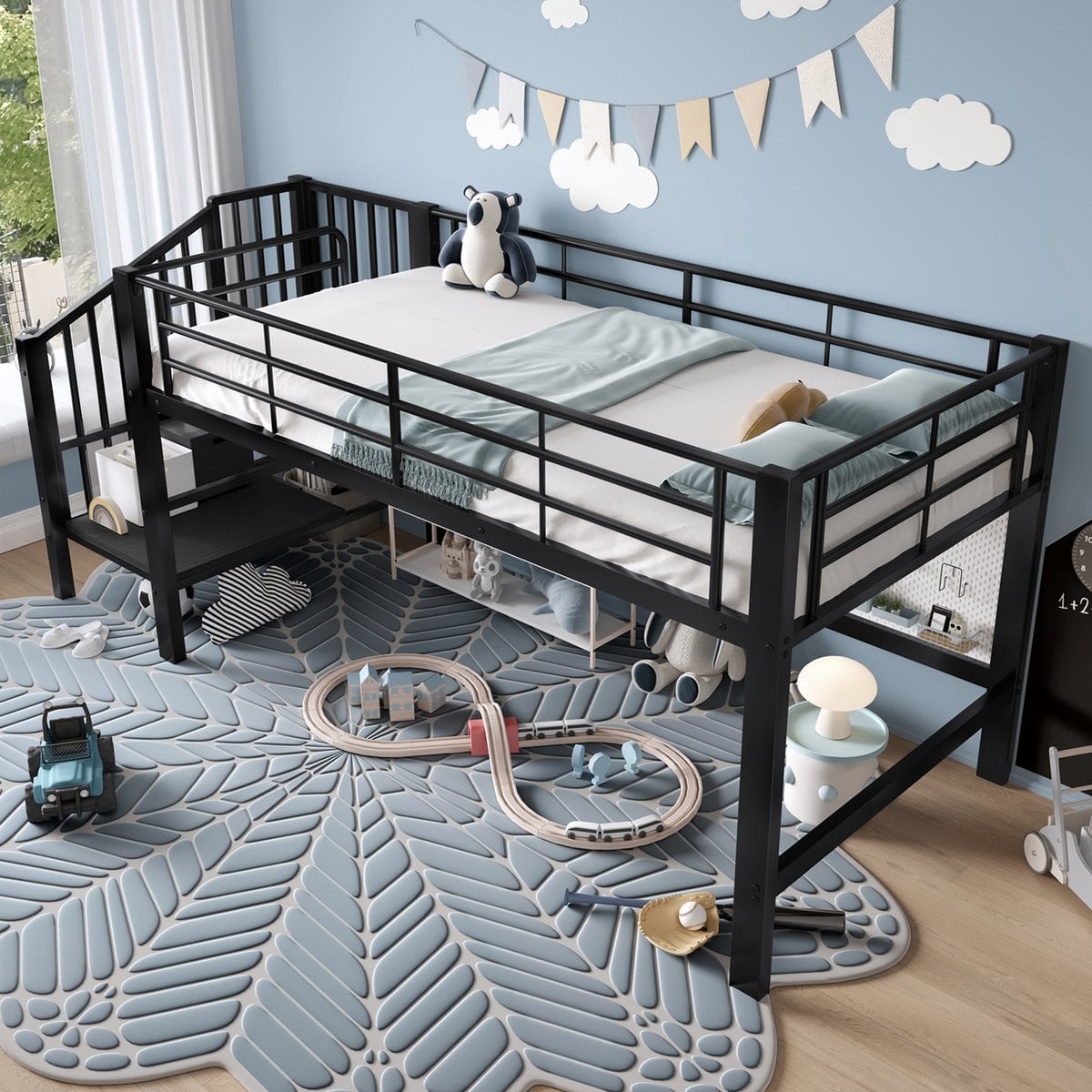 HAUSS SPOLE Halfhoog Bed met Opbergtrap voor Kinderkamers, Zwart, 90 x 200 cm