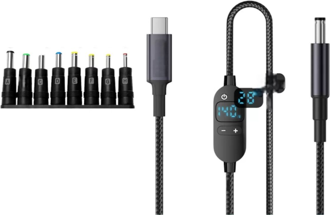 INF Type-C zu DC 140W PD3.1 einstellbares Spannungs-Ladekabel 1.5m mit Digitalanzeige und 8 Spitzen