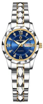 FusionFolio BINBOND B2521 Luxury Fashion Business Women's Quartz Watch, Waterproof Week Date Sport Wristwatch gold Jian Blue