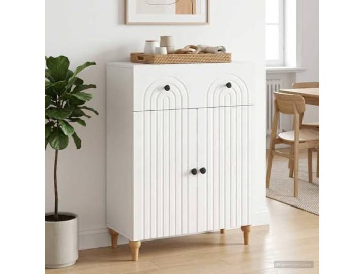 RJPLMFV Anrichte, weiß, glänzend, 66 x 34,5 x 90 cm, aus Holz Türen 90 °, stabile Regale, offene und geschlossene Aufbewahrung, Küche, Esszimmer, Wohnzimmer