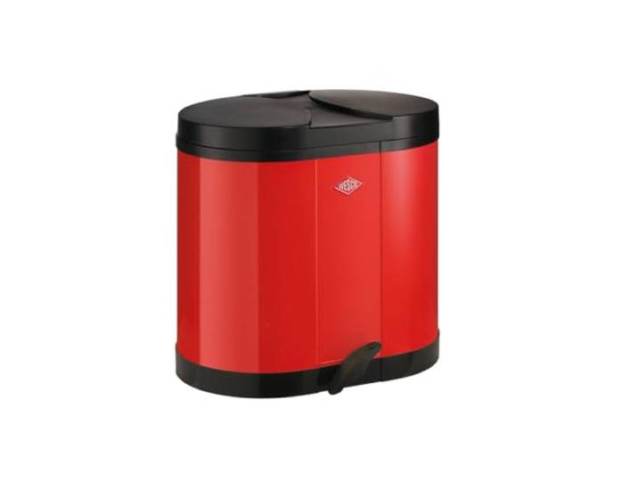 WESCO Ökosammler 170 in der Farbe rot, pulverbeschichtetes Stahlblech, zwei getrennte 15 Liter Einsätze aus Kunststoff, Kunststoff-Fußtritt