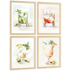 POSTER 4er Set Cocktails und Wein Wandbilder Bunte Gläser Negroni Tropical Aquarell Bar Küche Deko Rahmenlos A4