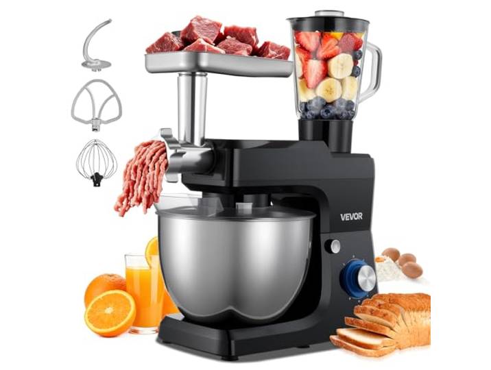 VEVOR multifunktionale Küchenmaschine elektrisch 1500 W mit Edelstahlschüssel (7,8 L) & Mixbecher (1,5 L), Knetmaschine Teigmixer mit 6+P Geschwindigkeiten & Knethaken & Schneebesen & Rührbesen
